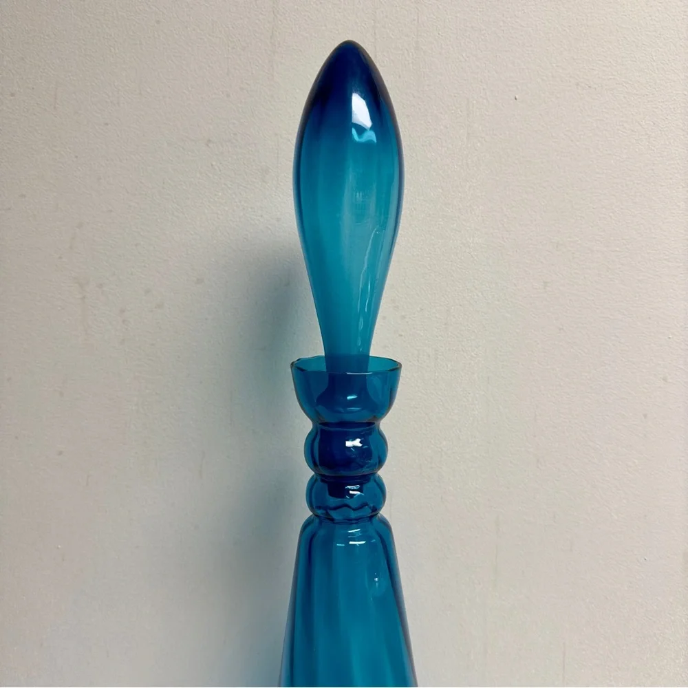 Mid-Century Italian Azure Blue Tall Glass Decanter 26”H